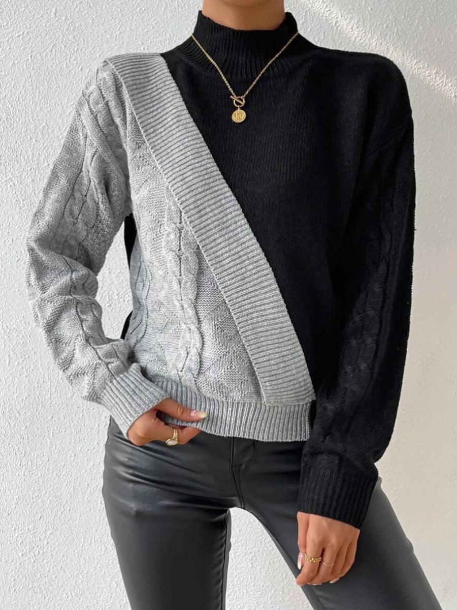 Jersey de Punto Trenzado de Bloques de Color Cómodo para Mujer con Cuello Alto, Manga Larga, Corte Asimétrico y Estilo Cropped