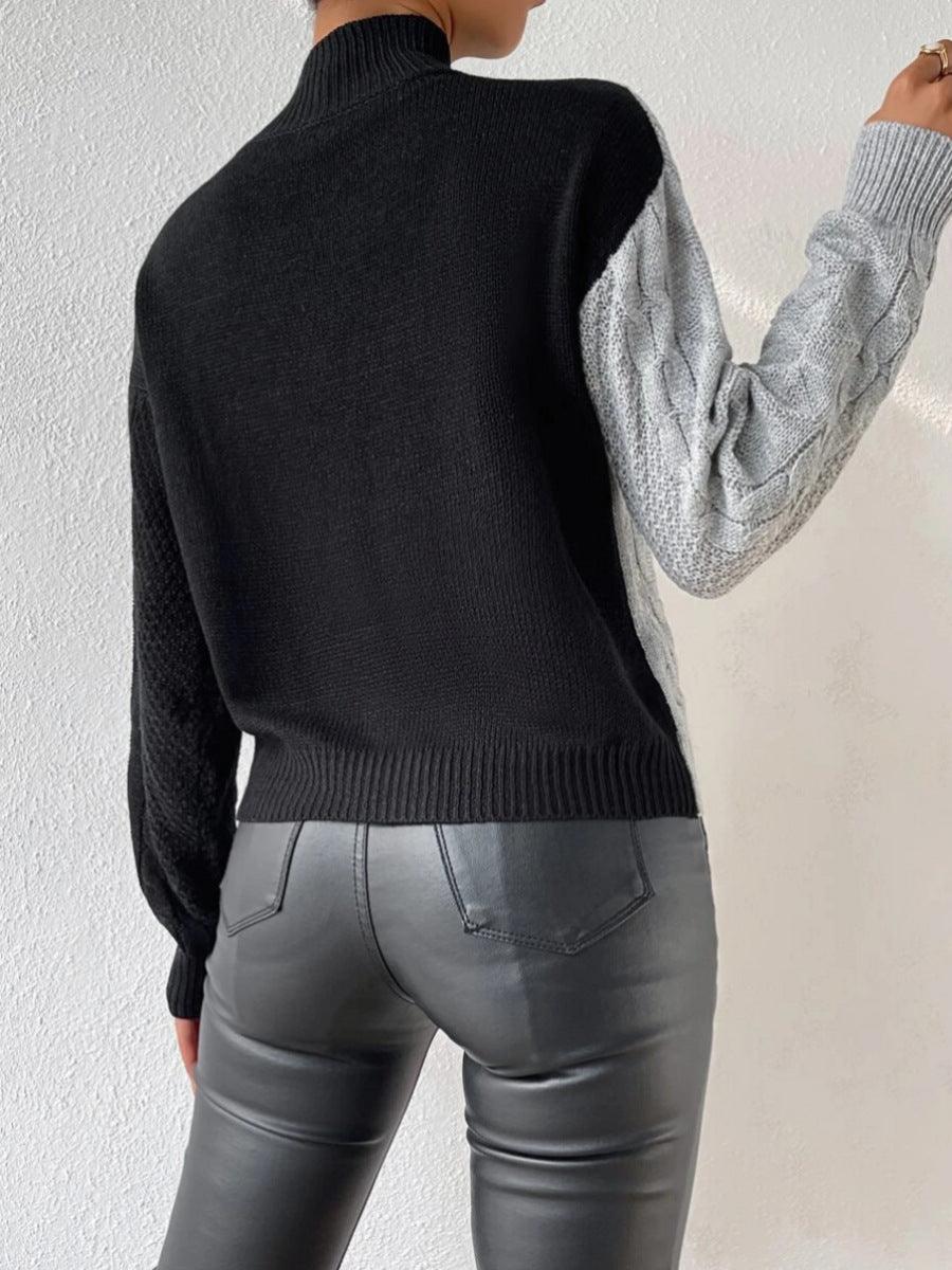 Jersey de Punto Trenzado de Bloques de Color Cómodo para Mujer con Cuello Alto, Manga Larga, Corte Asimétrico y Estilo Cropped