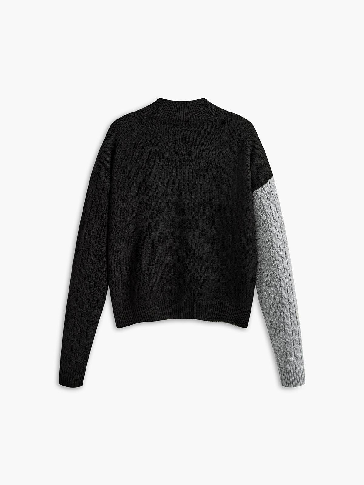 Jersey de Punto Trenzado de Bloques de Color Cómodo para Mujer con Cuello Alto, Manga Larga, Corte Asimétrico y Estilo Cropped
