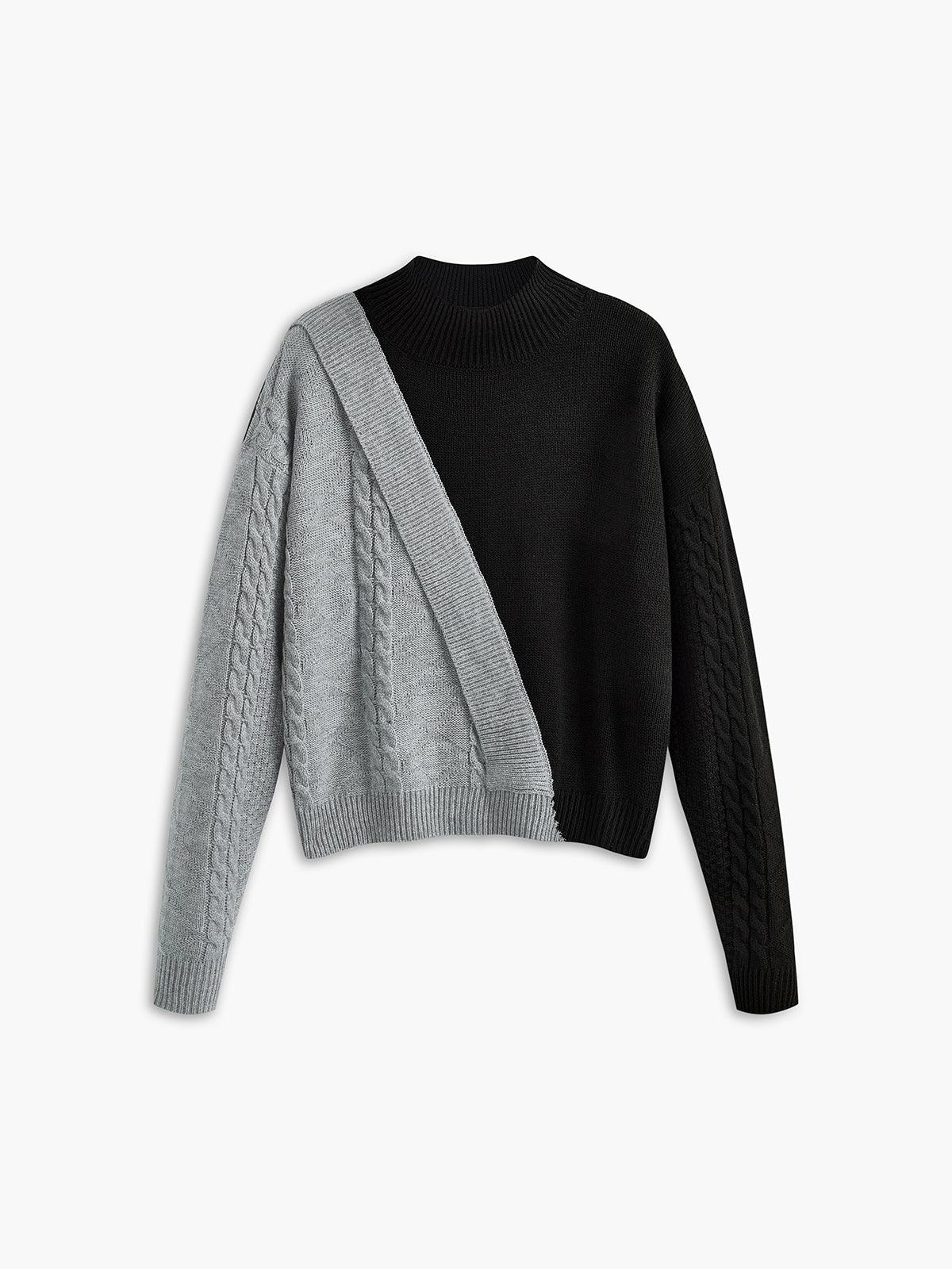 Jersey de Punto Trenzado de Bloques de Color Cómodo para Mujer con Cuello Alto, Manga Larga, Corte Asimétrico y Estilo Cropped