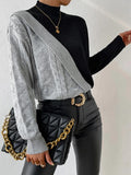 Jersey de Punto Trenzado de Bloques de Color Cómodo para Mujer con Cuello Alto, Manga Larga, Corte Asimétrico y Estilo Cropped