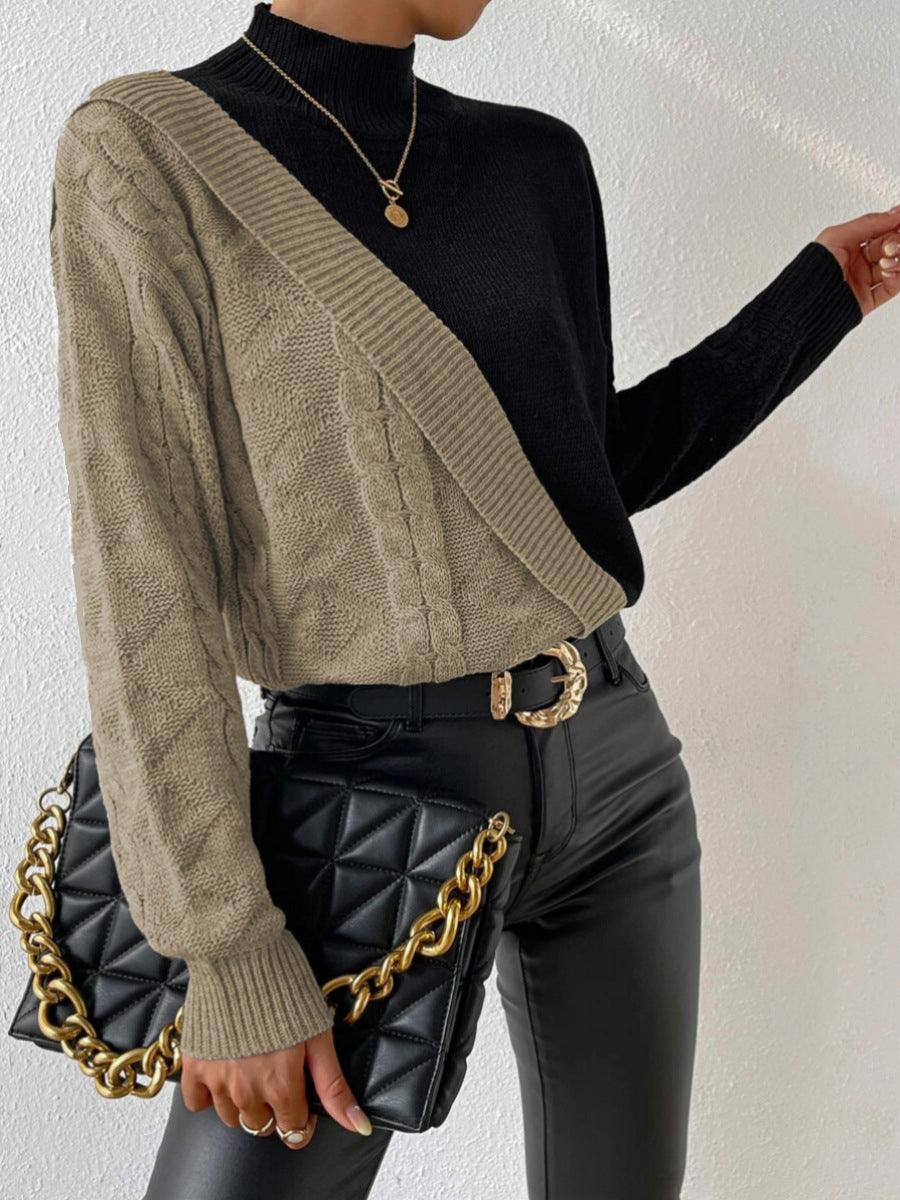 Jersey de Punto Trenzado de Bloques de Color Cómodo para Mujer con Cuello Alto, Manga Larga, Corte Asimétrico y Estilo Cropped