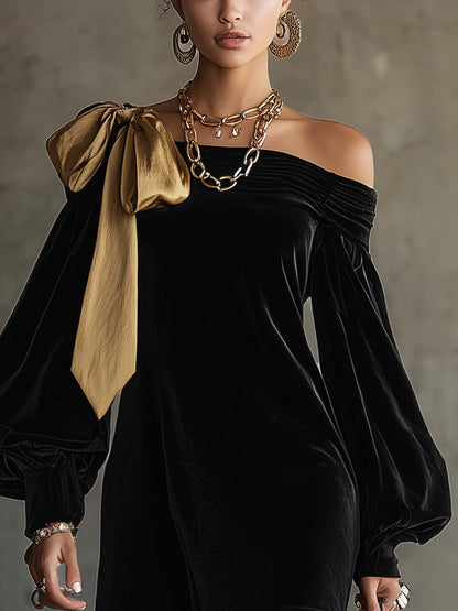 Vestido corto de hombros descubiertos de terciopelo negro y raso dorado