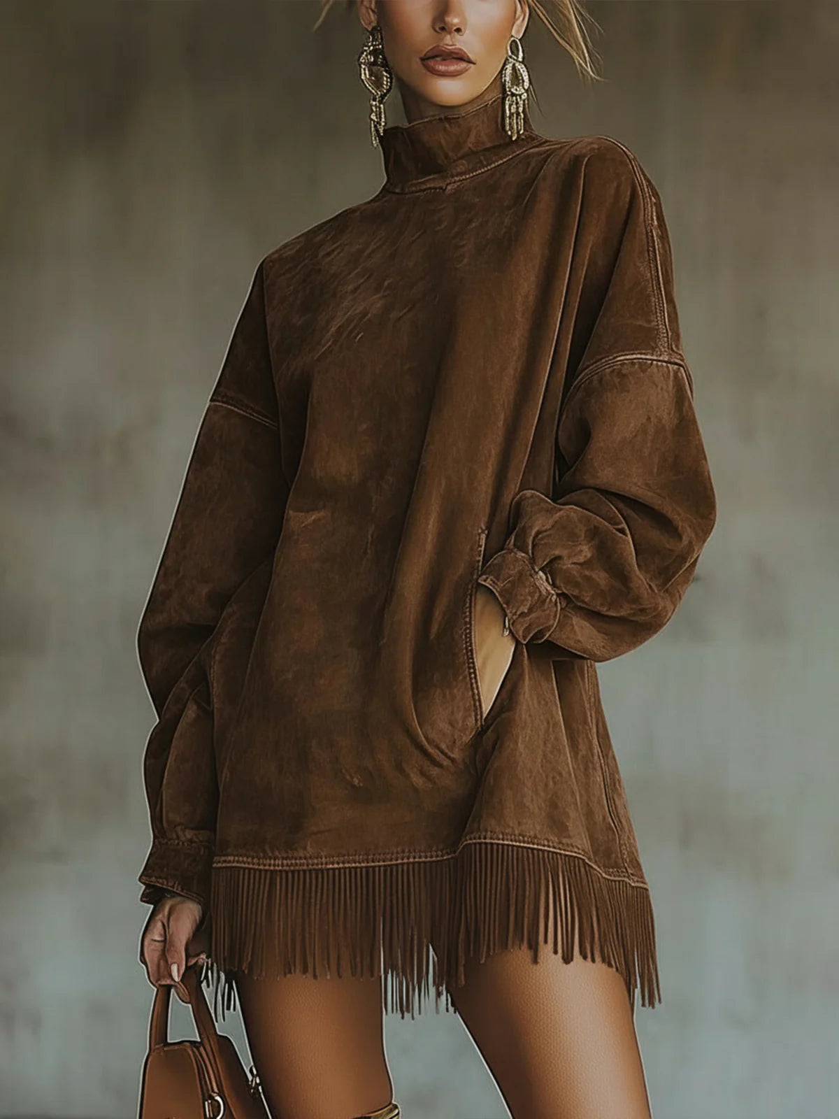 Darcie | Vestido de ante con flecos y cuello alto