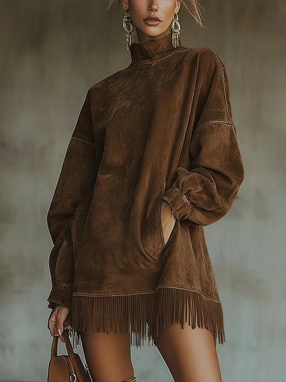 Darcie | Vestido de ante con flecos y cuello alto