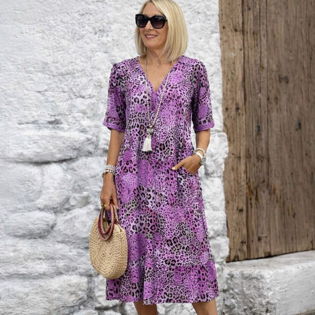 Vestido Midi Animal Print con Bolsillos y Mangas Cortas