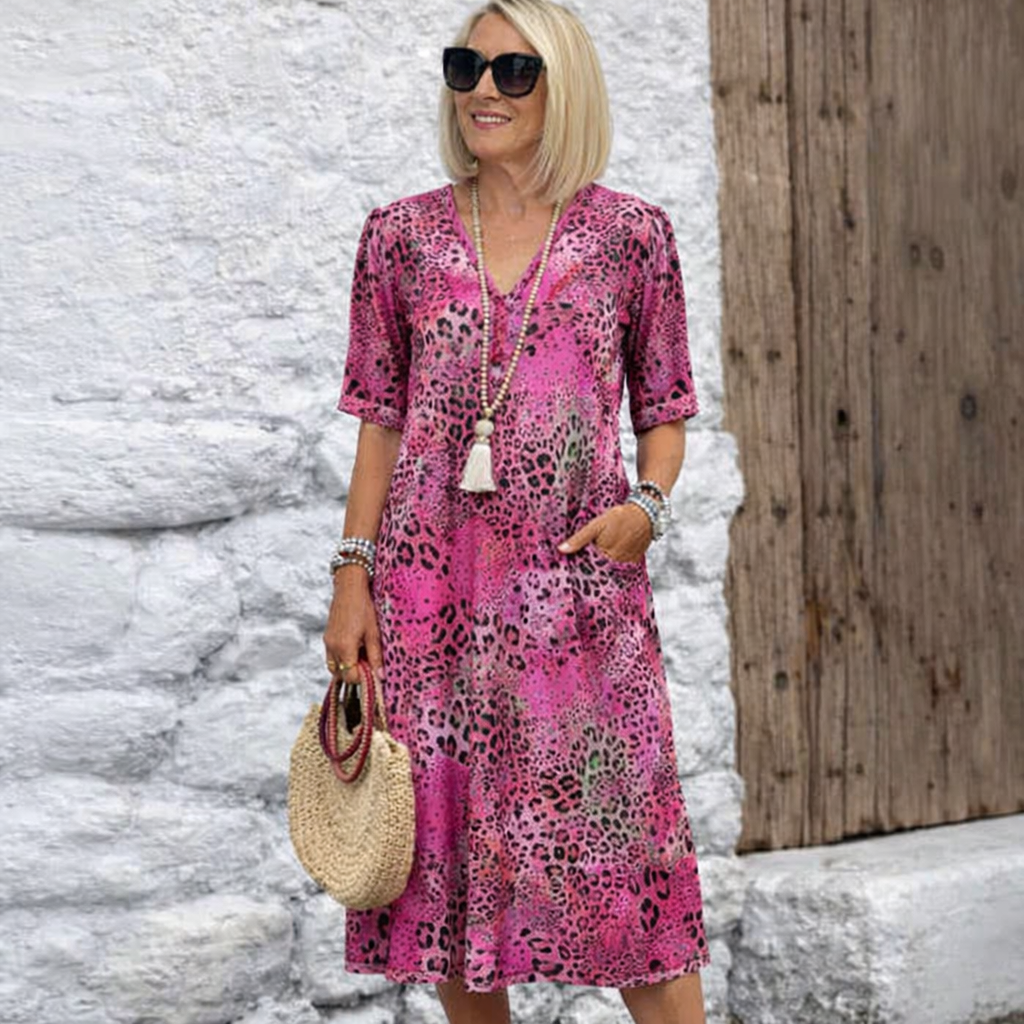 Vestido Midi Animal Print con Bolsillos y Mangas Cortas