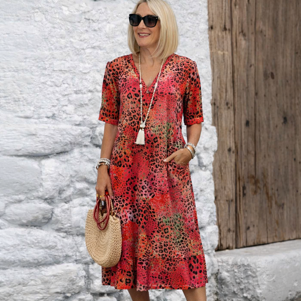 Vestido Midi Animal Print con Bolsillos y Mangas Cortas