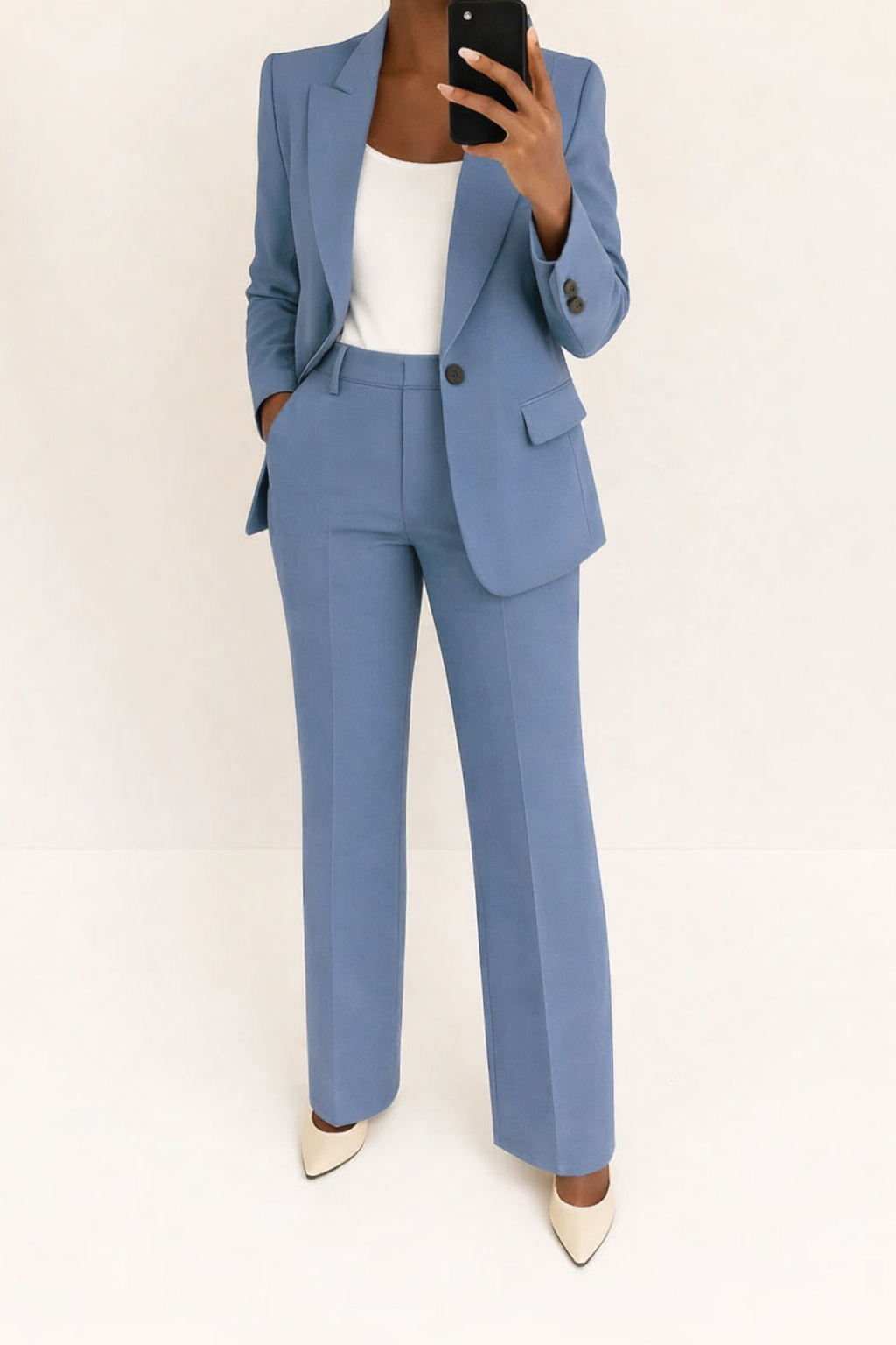 Conjunto elegante de dos piezas para mujer con blazer de un botón, pantalones de pierna ancha y estilo formal de sastrería