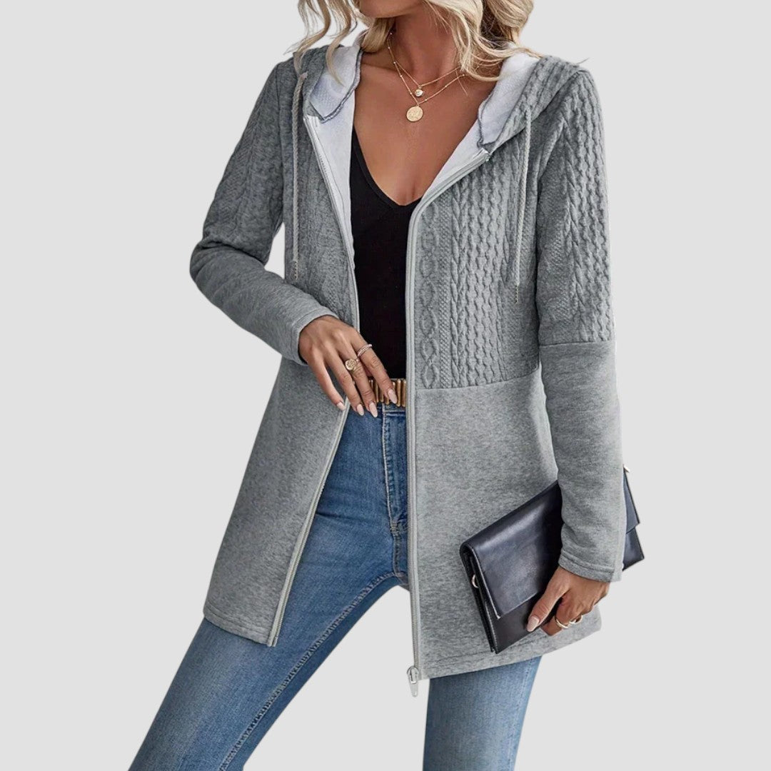 Cárdigan de Punto Trenzado sin Esfuerzo para Mujer con Capucha, Manga Larga, Cremallera Delantera y Estilo Longline Relajado