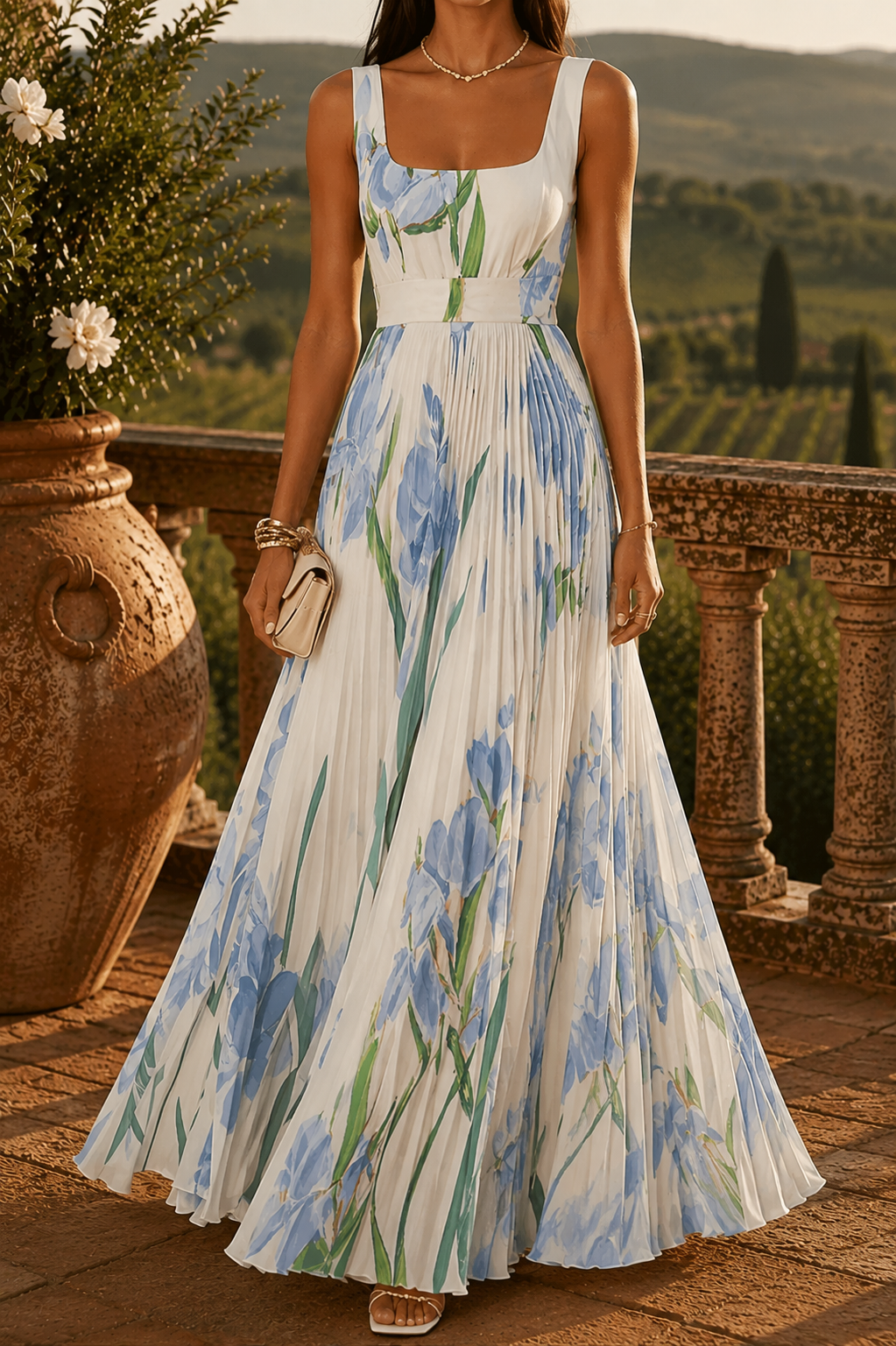 Vestido largo floral de gasa plisada
