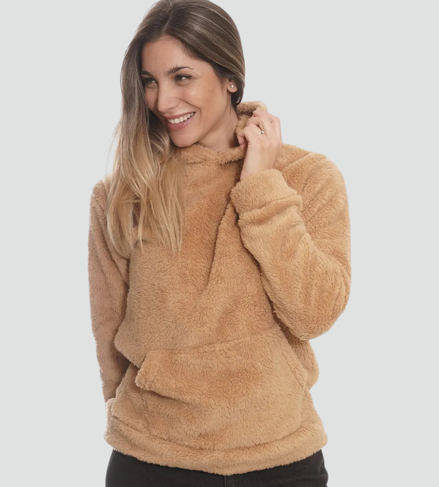 Sudadera de Borreguito Cómoda para Mujer con Capucha de Cordón, Manga Larga, Bolsillo Canguro y Estilo Oversize