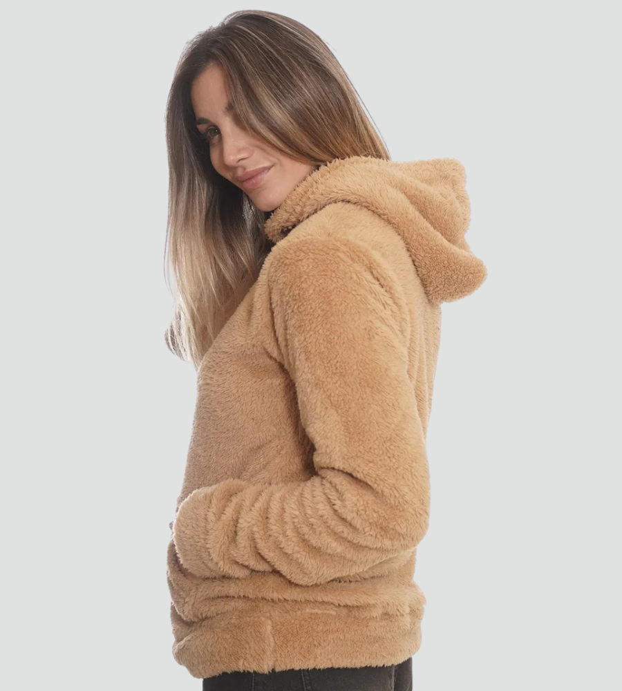 Sudadera de Borreguito Cómoda para Mujer con Capucha de Cordón, Manga Larga, Bolsillo Canguro y Estilo Oversize