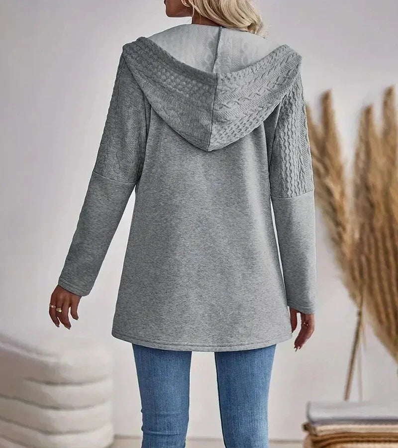 Cárdigan de Punto Trenzado sin Esfuerzo para Mujer con Capucha, Manga Larga, Cremallera Delantera y Estilo Longline Relajado