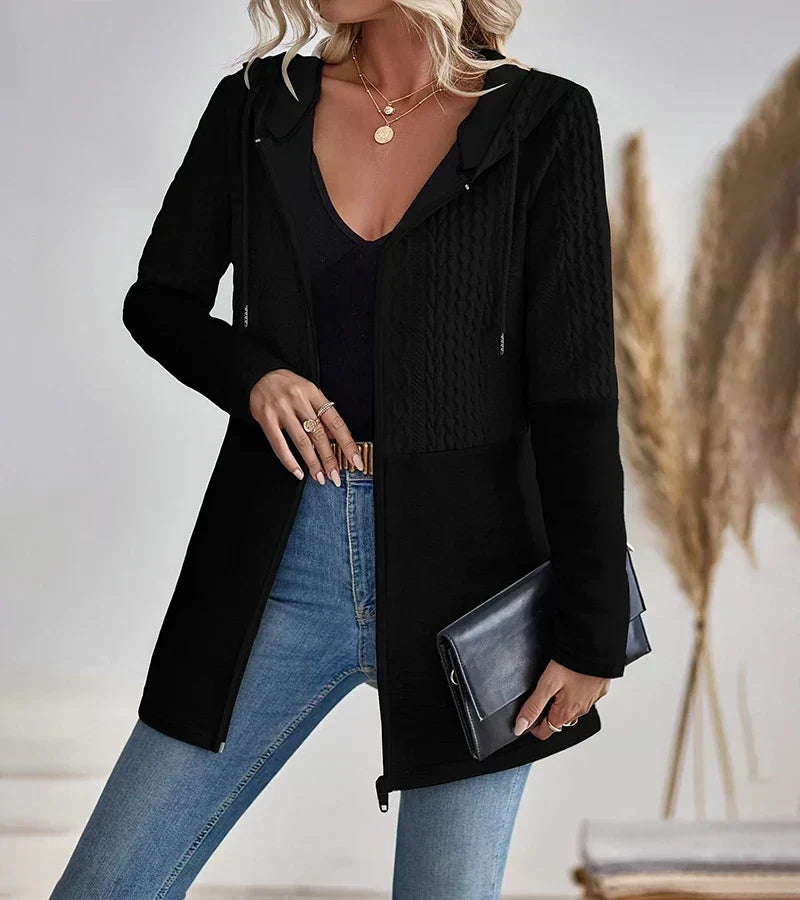 Cárdigan de Punto Trenzado sin Esfuerzo para Mujer con Capucha, Manga Larga, Cremallera Delantera y Estilo Longline Relajado
