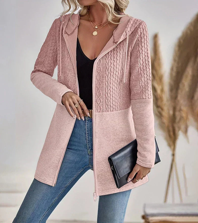 Cárdigan de Punto Trenzado sin Esfuerzo para Mujer con Capucha, Manga Larga, Cremallera Delantera y Estilo Longline Relajado