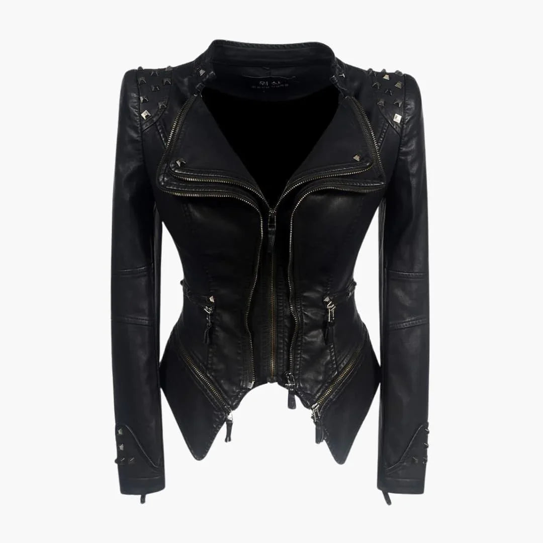 Caroline / Elegante chaqueta de cuero negra para mujer con hombros adornados con tachuelas, manga larga y corte peplum estilo biker