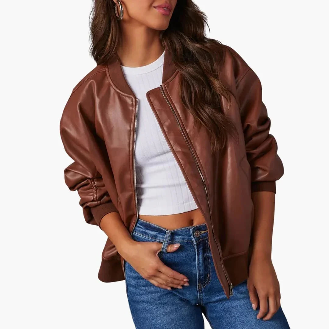 Elegante chaqueta bomber de cuero sintético para mujer, con cuello alto, manga larga, corte oversize y cierre frontal de cremallera