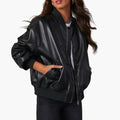Elegante chaqueta bomber de cuero sintético para mujer, con cuello alto, manga larga, corte oversize y cierre frontal de cremallera