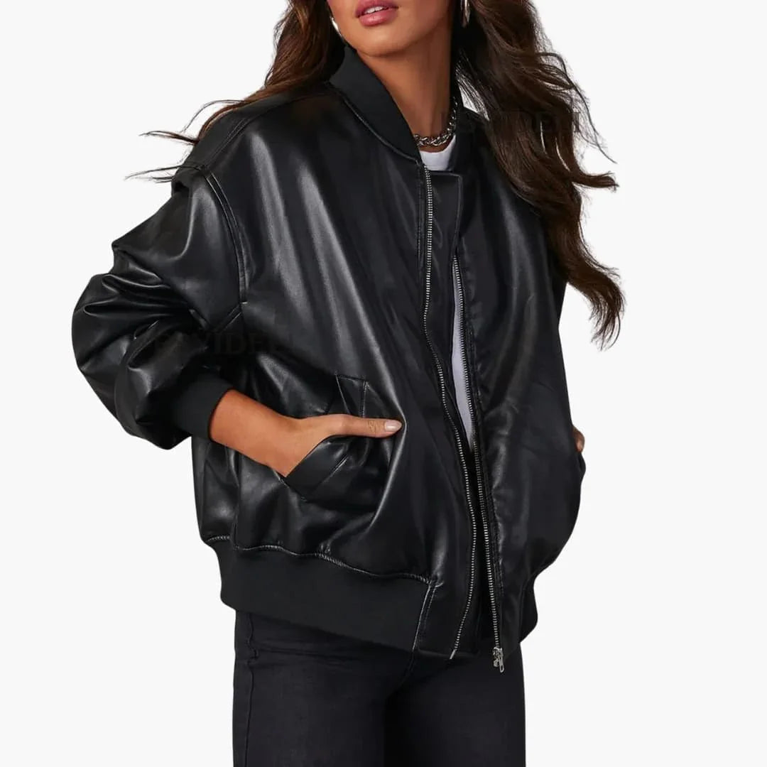 Elegante chaqueta bomber de cuero sintético para mujer, con cuello alto, manga larga, corte oversize y cierre frontal de cremallera