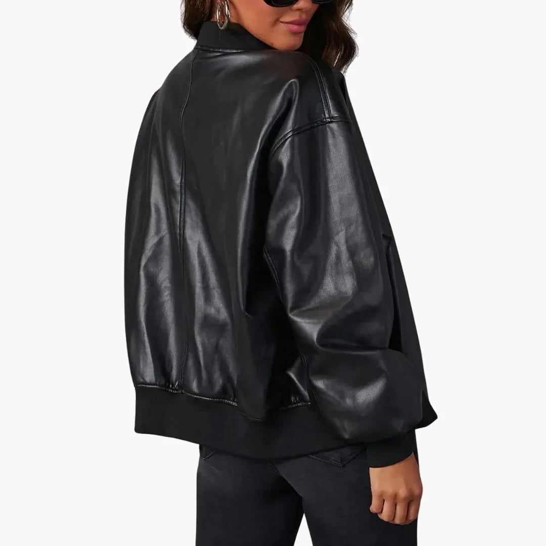 Elegante chaqueta bomber de cuero sintético para mujer, con cuello alto, manga larga, corte oversize y cierre frontal de cremallera
