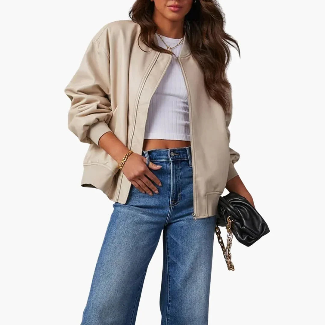 Elegante chaqueta bomber de cuero sintético para mujer, con cuello alto, manga larga, corte oversize y cierre frontal de cremallera