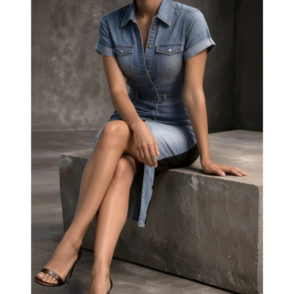 Vestido Vaquero Midi con Rayas Laterales Slim