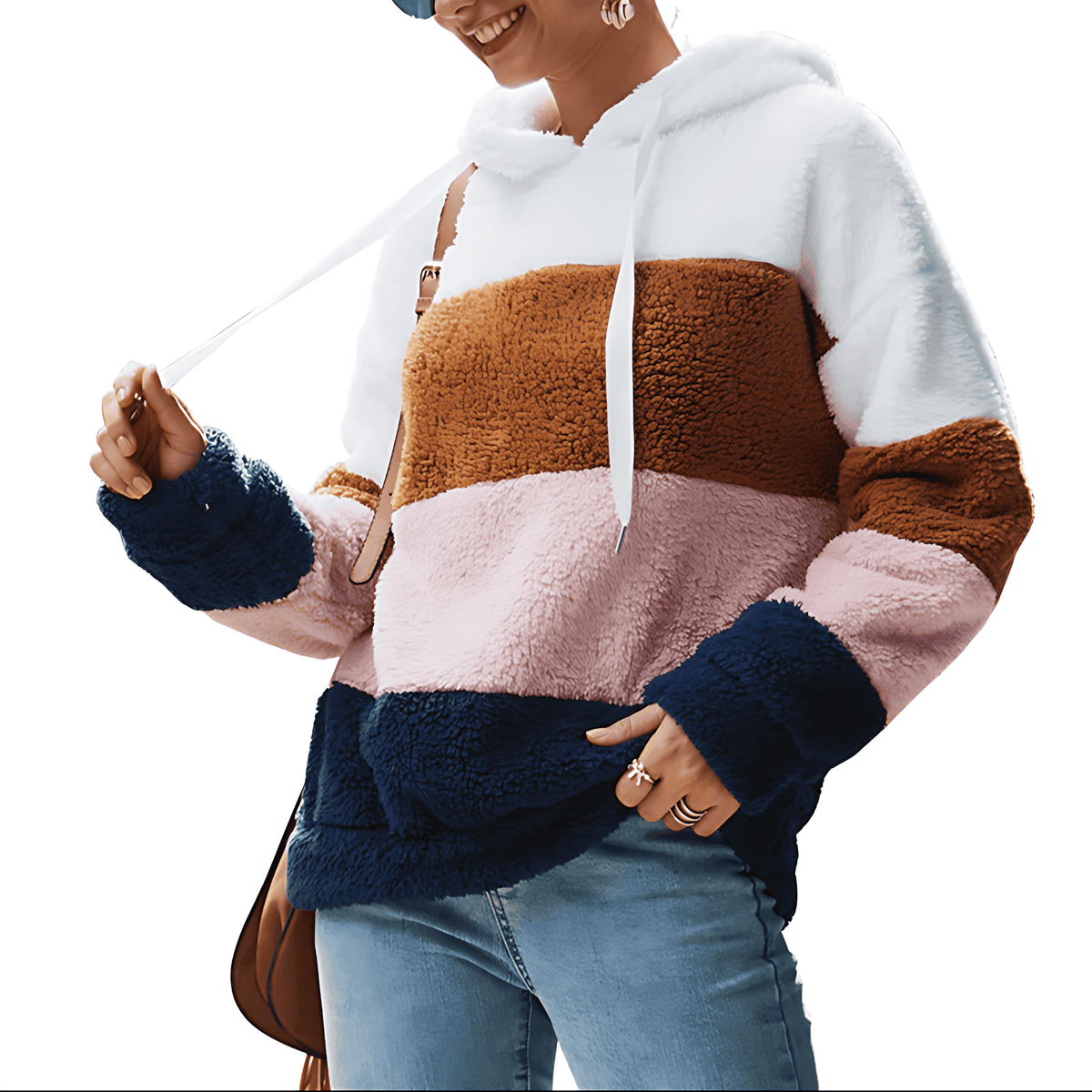 Sudadera de Borreguito de Bloques de Color Cómoda para Mujer con Capucha de Cordón, Manga Larga y Estilo Oversize de Forro Polar