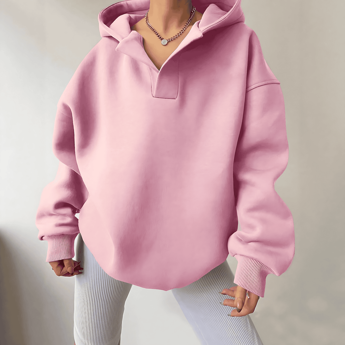 Sudadera de Forro Polar Oversize Cómoda para Mujer con Cuello en V, Manga Larga, Hombro Caído y Estilo Relajado