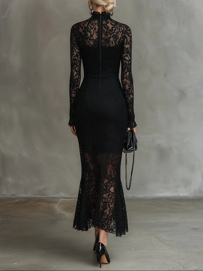Vestido largo sirena elegante de encaje elástico negro