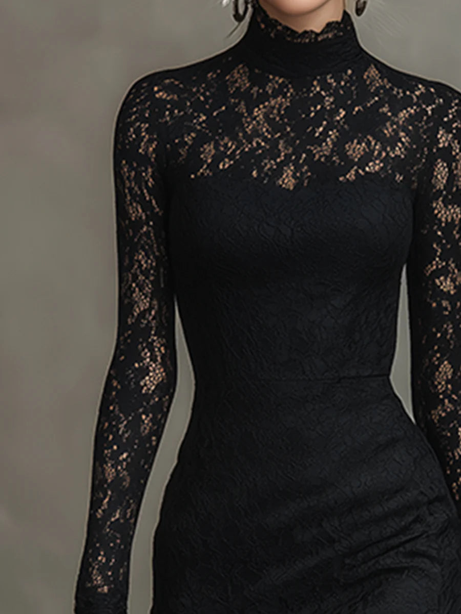 Vestido largo sirena elegante de encaje elástico negro