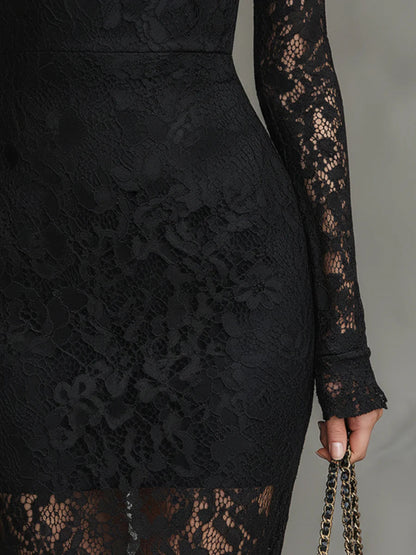 Vestido largo sirena elegante de encaje elástico negro