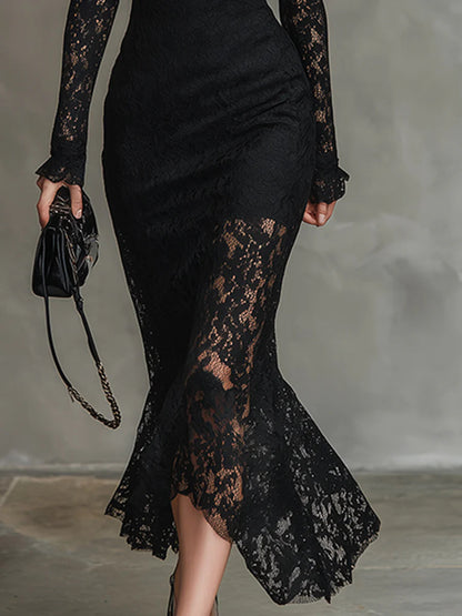 Vestido largo sirena elegante de encaje elástico negro