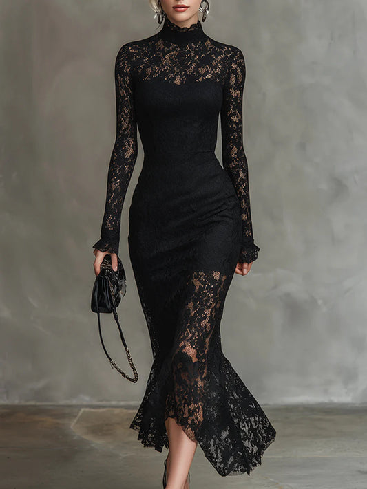 Vestido largo sirena elegante de encaje elástico negro