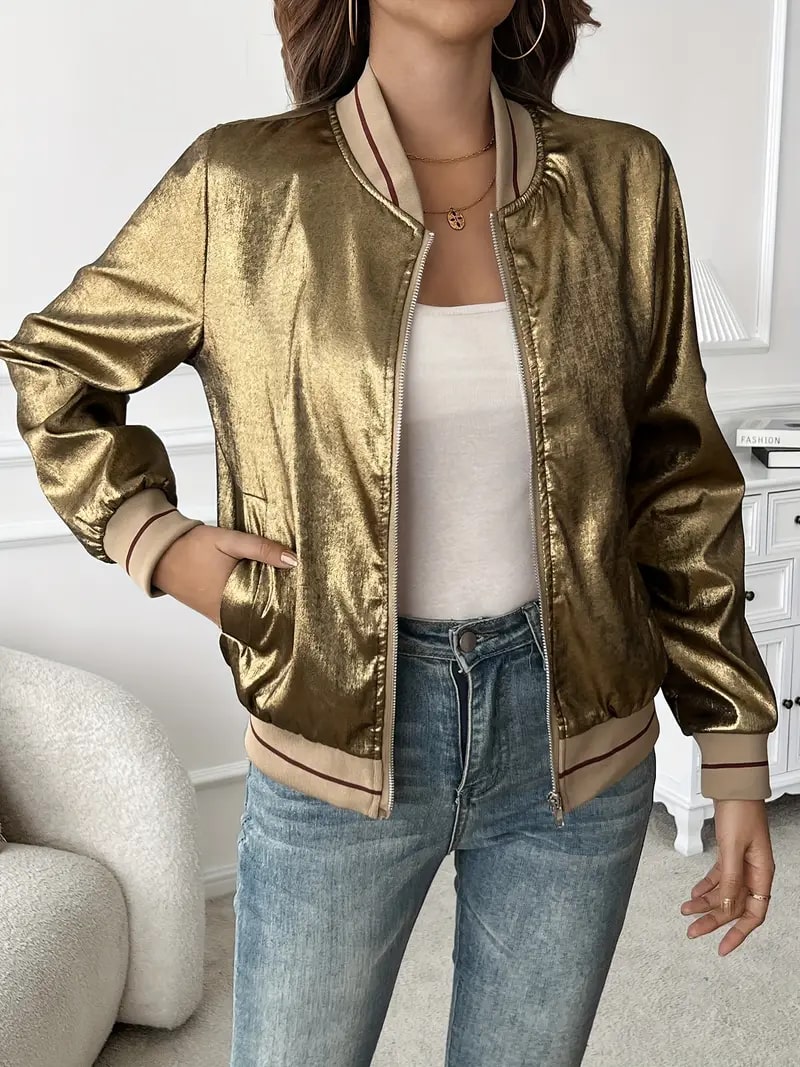 Elegante chaqueta bomber metalizada dorada para mujer con cuello de canalé, manga larga, cierre frontal con cremallera y estilo relajado
