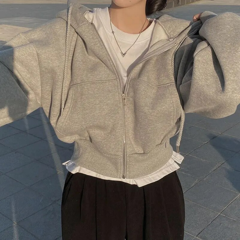Sudadera con Cremallera Cómoda para Mujer con Capucha de Cordón, Manga Larga, Corte Cropped y Estilo Oversize
