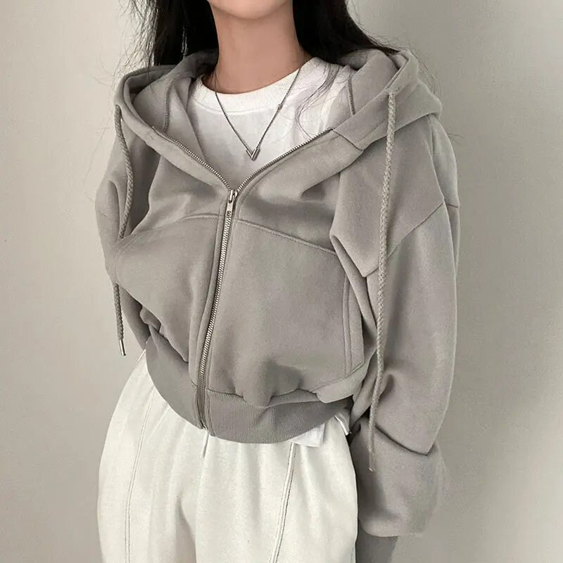 Sudadera con Cremallera Cómoda para Mujer con Capucha de Cordón, Manga Larga, Corte Cropped y Estilo Oversize