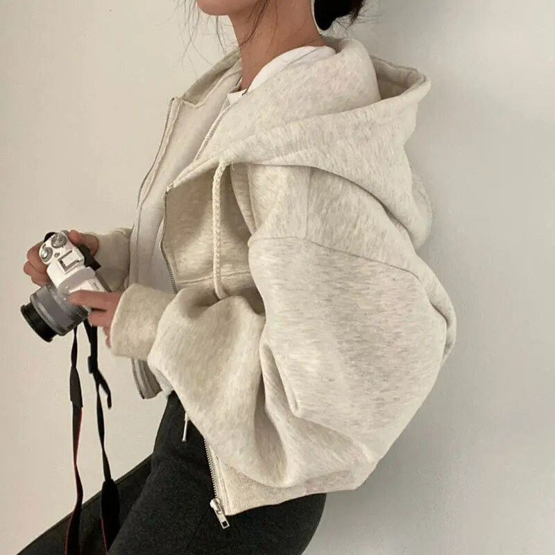 Sudadera con Cremallera Cómoda para Mujer con Capucha de Cordón, Manga Larga, Corte Cropped y Estilo Oversize
