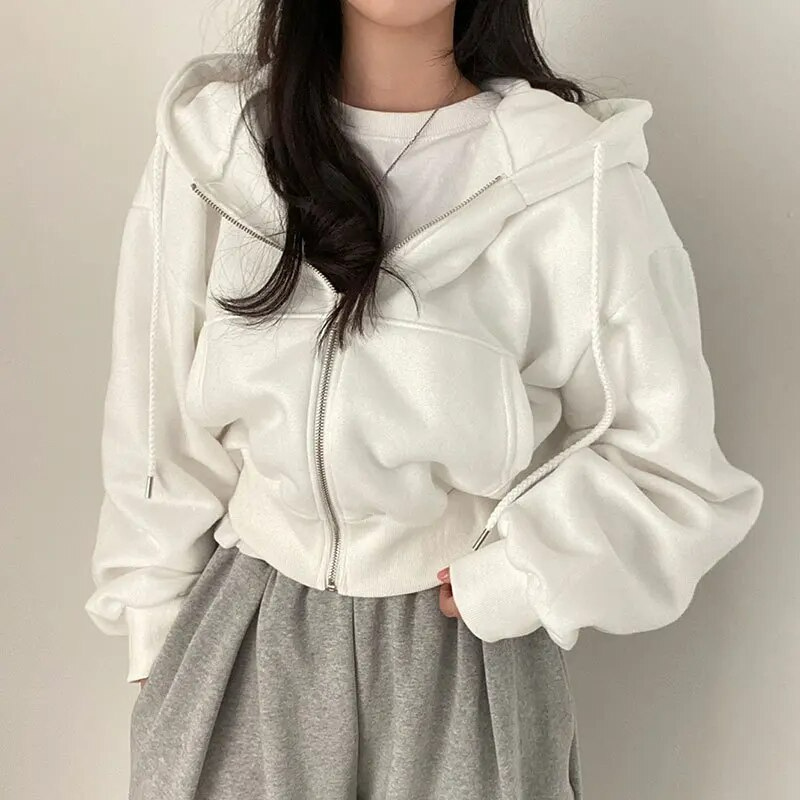 Sudadera con Cremallera Cómoda para Mujer con Capucha de Cordón, Manga Larga, Corte Cropped y Estilo Oversize