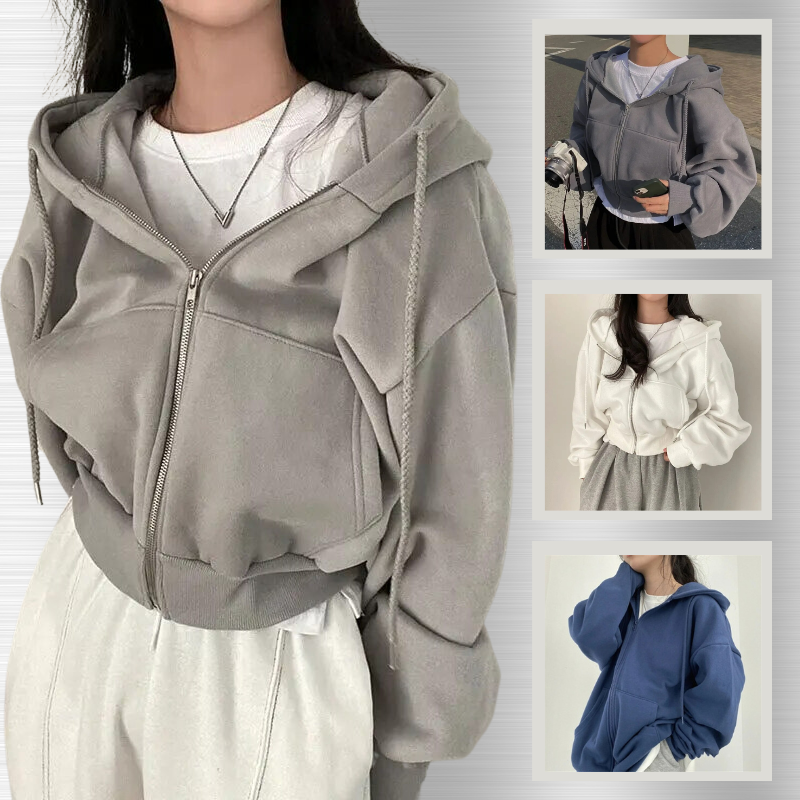 Sudadera con Cremallera Cómoda para Mujer con Capucha de Cordón, Manga Larga, Corte Cropped y Estilo Oversize