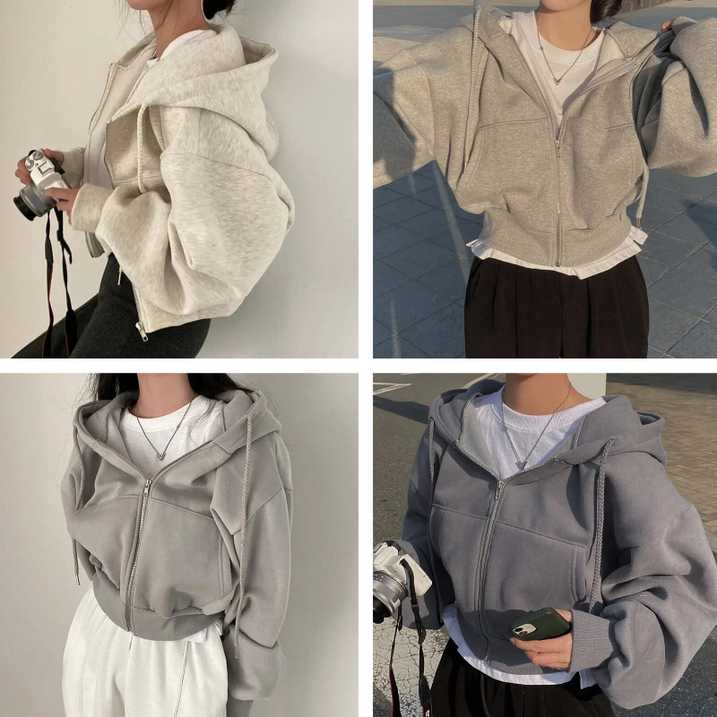 Sudadera con Cremallera Cómoda para Mujer con Capucha de Cordón, Manga Larga, Corte Cropped y Estilo Oversize