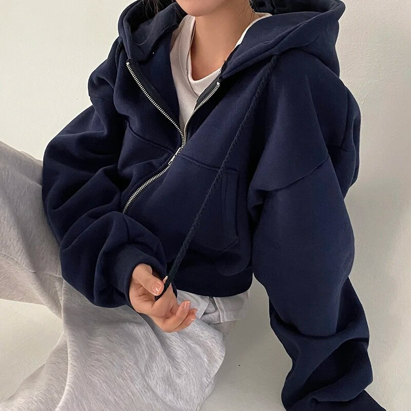 Sudadera con Cremallera Cómoda para Mujer con Capucha de Cordón, Manga Larga, Corte Cropped y Estilo Oversize