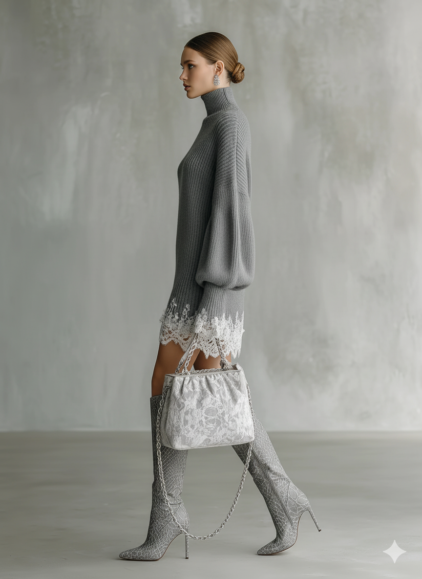 Vestido Mini Cómodo de Punto Gris con Encaje Blanco y Cuello Alto para Mujer