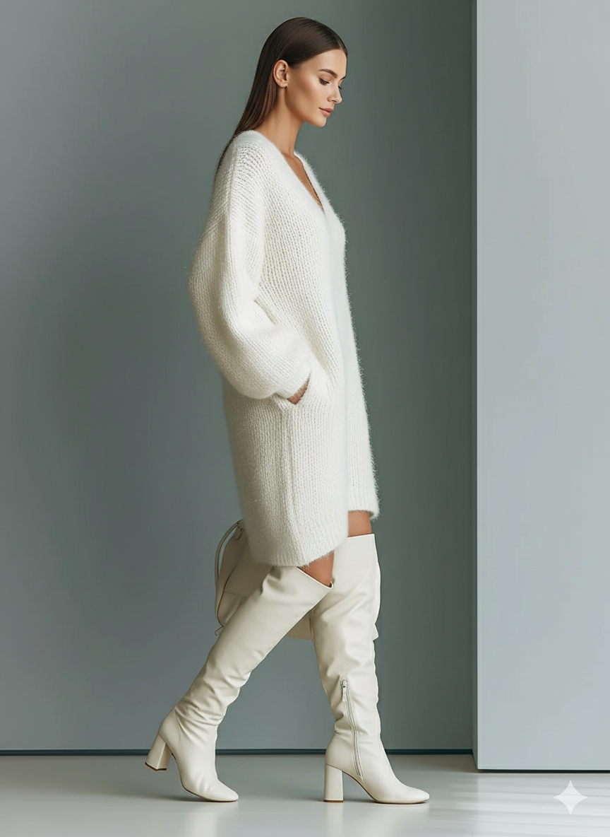 Vestido Jersey Mini Elegante de Cuello en V Blanco para Mujer