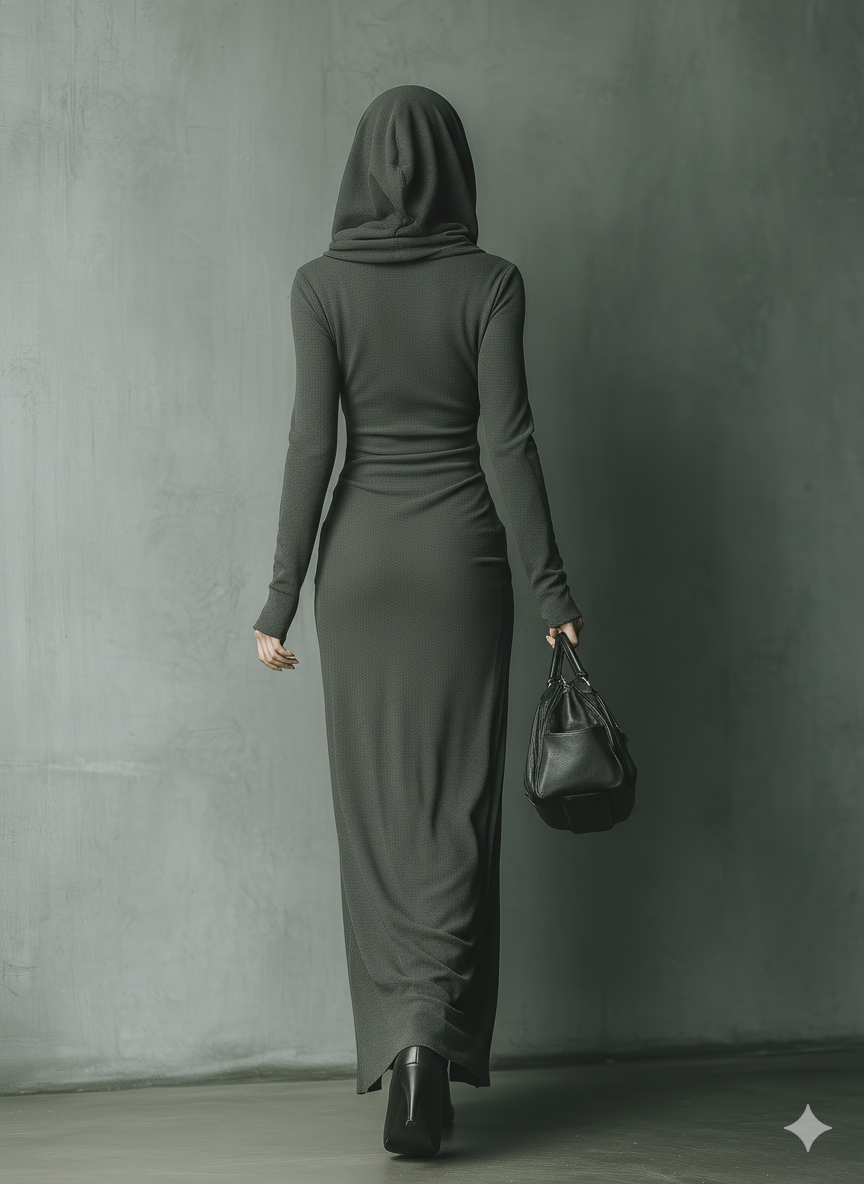Vestido Maxi con Capucha de Punto Altamente Elástico Gris Oscuro para Mujer