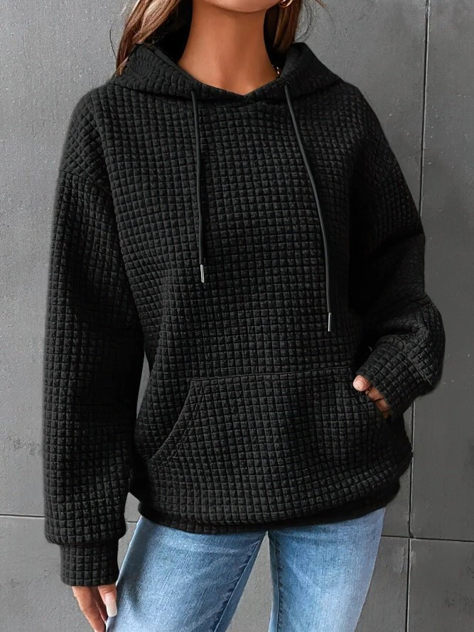 Sudadera de Punto Waffle Cómoda para Mujer con Capucha de Cordón, Manga Larga y Estilo Oversize Relajado