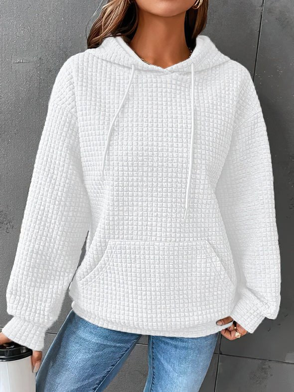 Sudadera de Punto Waffle Cómoda para Mujer con Capucha de Cordón, Manga Larga y Estilo Oversize Relajado