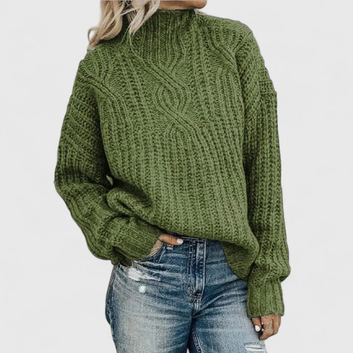 Jersey de Punto Trenzado Cómodo para Mujer con Cuello Alto, Manga Globo y Estilo Oversize Relajado