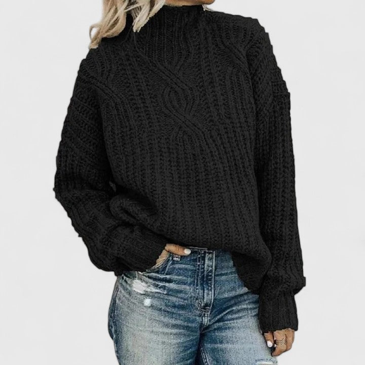 Jersey de Punto Trenzado Cómodo para Mujer con Cuello Alto, Manga Globo y Estilo Oversize Relajado