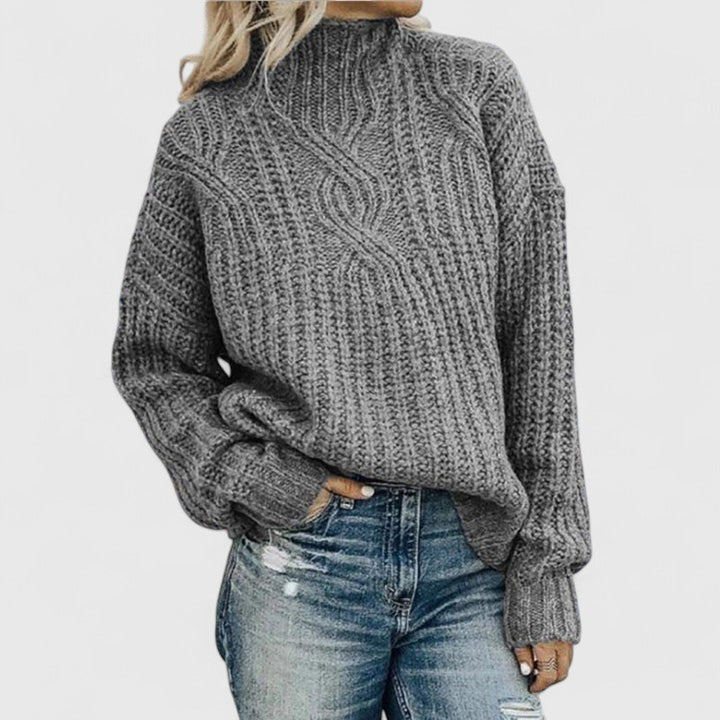 Jersey de Punto Trenzado Cómodo para Mujer con Cuello Alto, Manga Globo y Estilo Oversize Relajado
